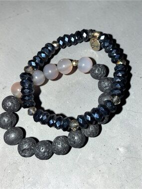 Erimish Beaded Stretch Bracelet Set (2) - Black, Opalite & Lava Stone Style